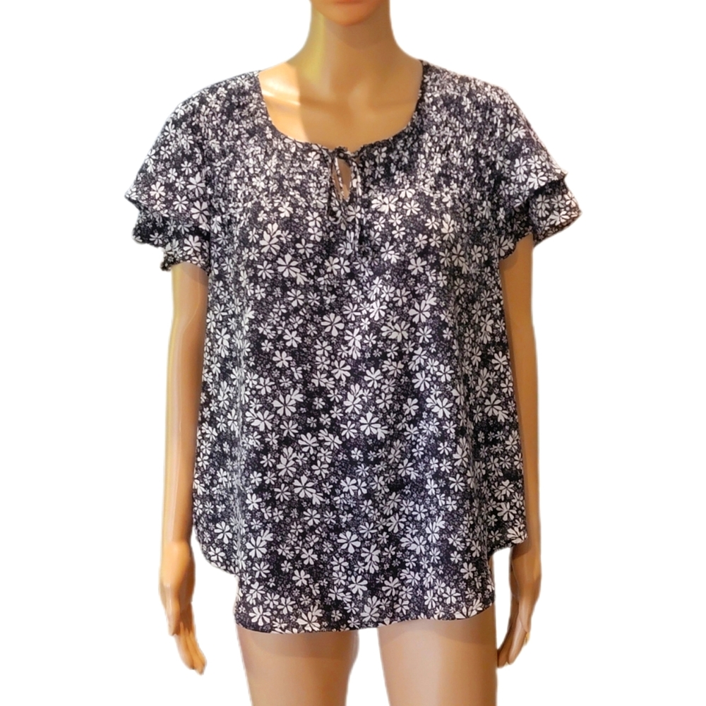Style & Co. Black and White Floral Print Top Large Petite